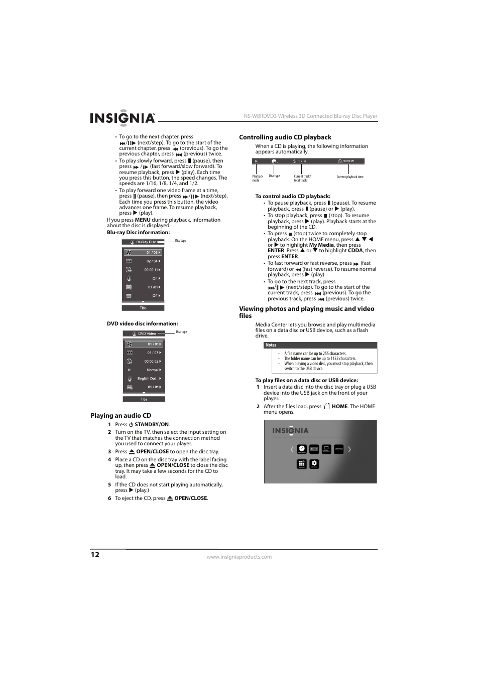 Playing an audio cd, Controlling audio cd playback, Viewing photos and playing music and video files | Insignia NS-WBRDVD3 User Manual | Page 16 / 40