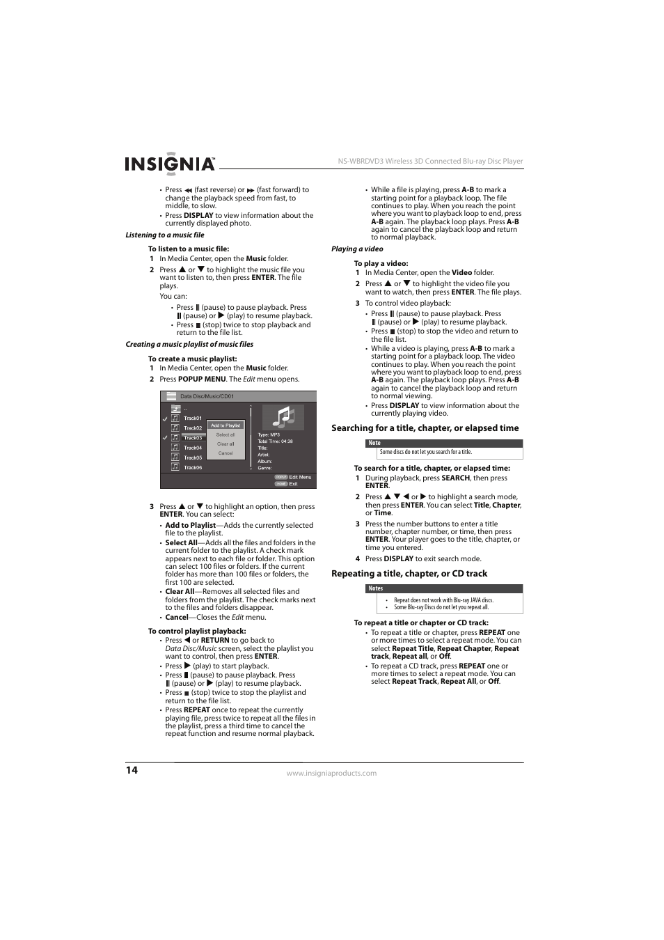 Searching for a title, chapter, or elapsed time, Repeating a title, chapter, or cd track, Ee “repeating a title, chapter, or cd track | Listening to a music file, Playing a video | Insignia NS-WBRDVD3 User Manual | Page 18 / 40