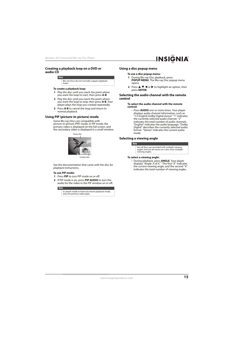 Creating a playback loop on a dvd or audio cd, Using pip (picture-in-picture) mode, Using a disc popup menu | Selecting a viewing angle, Using pip (picture-in-picture) mode” on, Ee “using pip (picture-in-picture) mode” on | Insignia NS-WBRDVD3 User Manual | Page 19 / 40