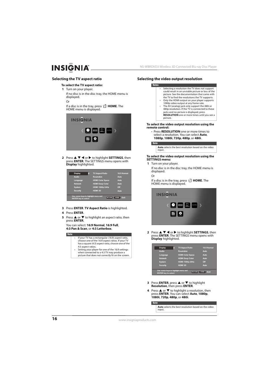 Selecting the tv aspect ratio, Selecting the video output resolution, Selecting the video output resolution” o | Insignia NS-WBRDVD3 User Manual | Page 20 / 40