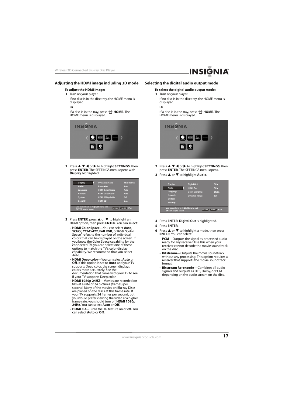 Adjusting the hdmi image including 3d mode, Selecting the digital audio output mode | Insignia NS-WBRDVD3 User Manual | Page 21 / 40