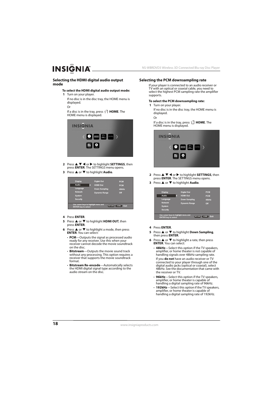 Selecting the hdmi digital audio output mode, Selecting the pcm downsampling rate | Insignia NS-WBRDVD3 User Manual | Page 22 / 40