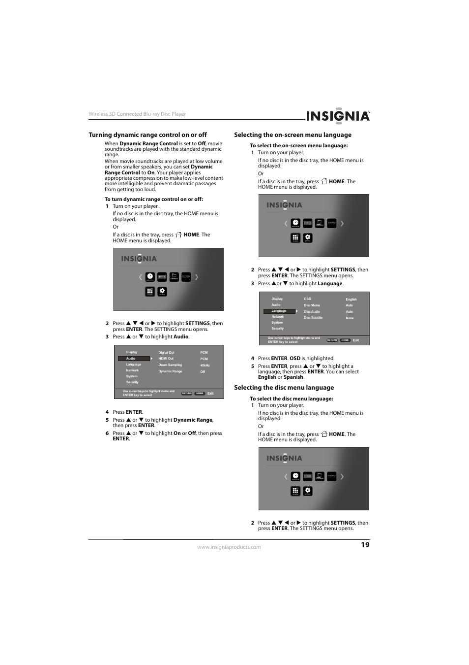 Turning dynamic range control on or off, Selecting the on-screen menu language, Selecting the disc menu language | Insignia NS-WBRDVD3 User Manual | Page 23 / 40