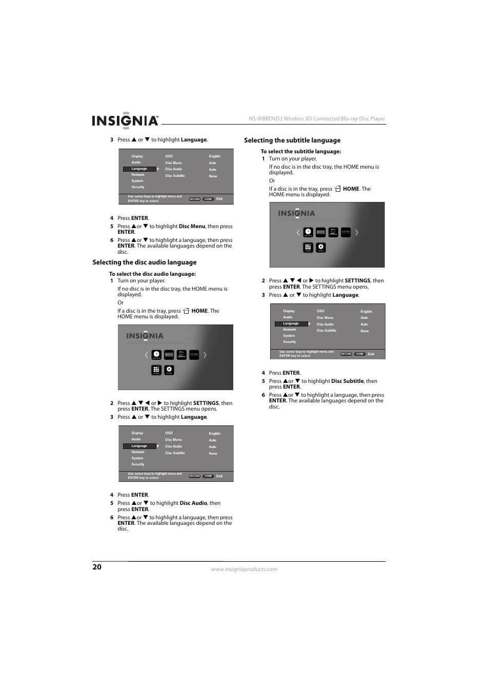 Selecting the disc audio language, Selecting the subtitle language | Insignia NS-WBRDVD3 User Manual | Page 24 / 40