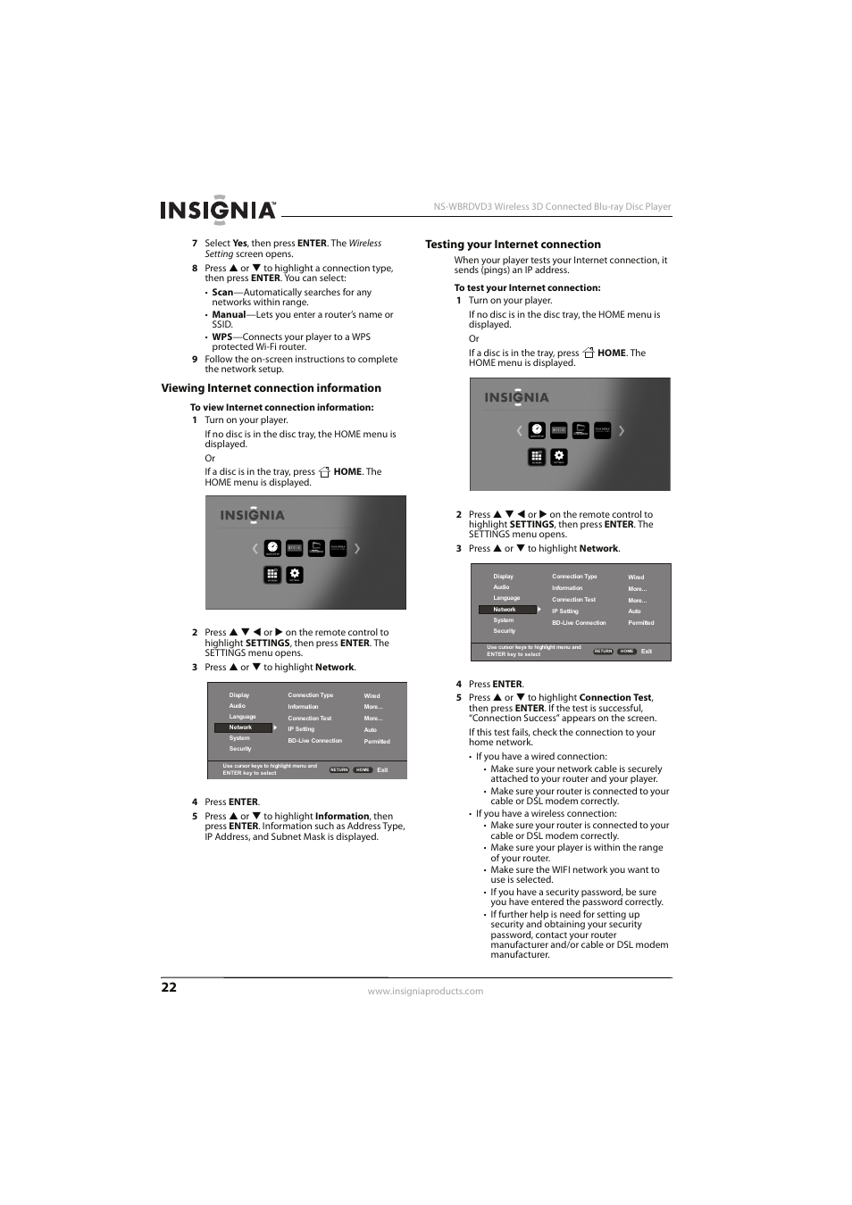 Viewing internet connection information, Testing your internet connection | Insignia NS-WBRDVD3 User Manual | Page 26 / 40