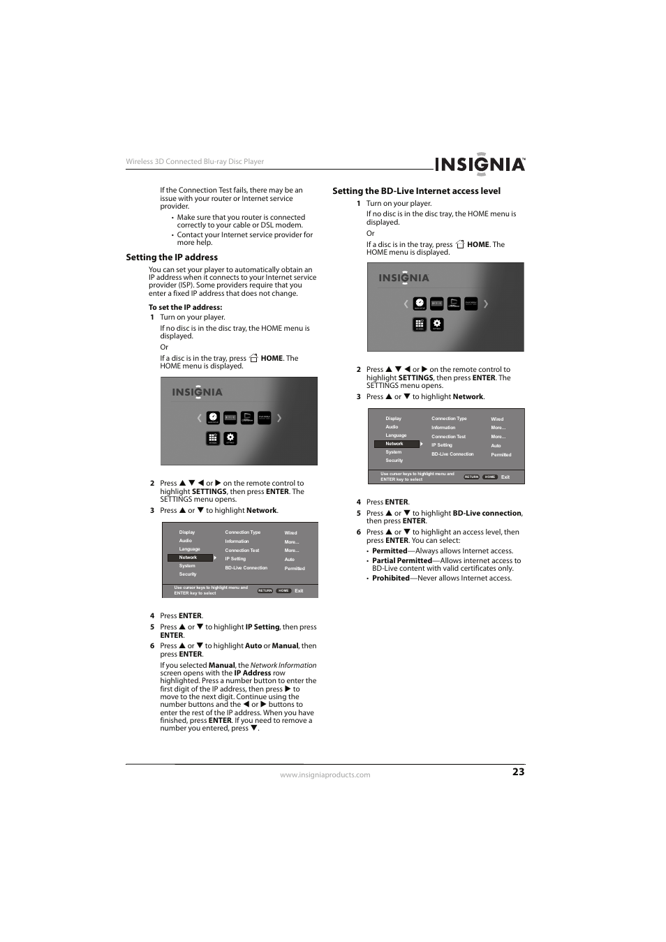 Setting the ip address, Setting the bd-live internet access level | Insignia NS-WBRDVD3 User Manual | Page 27 / 40