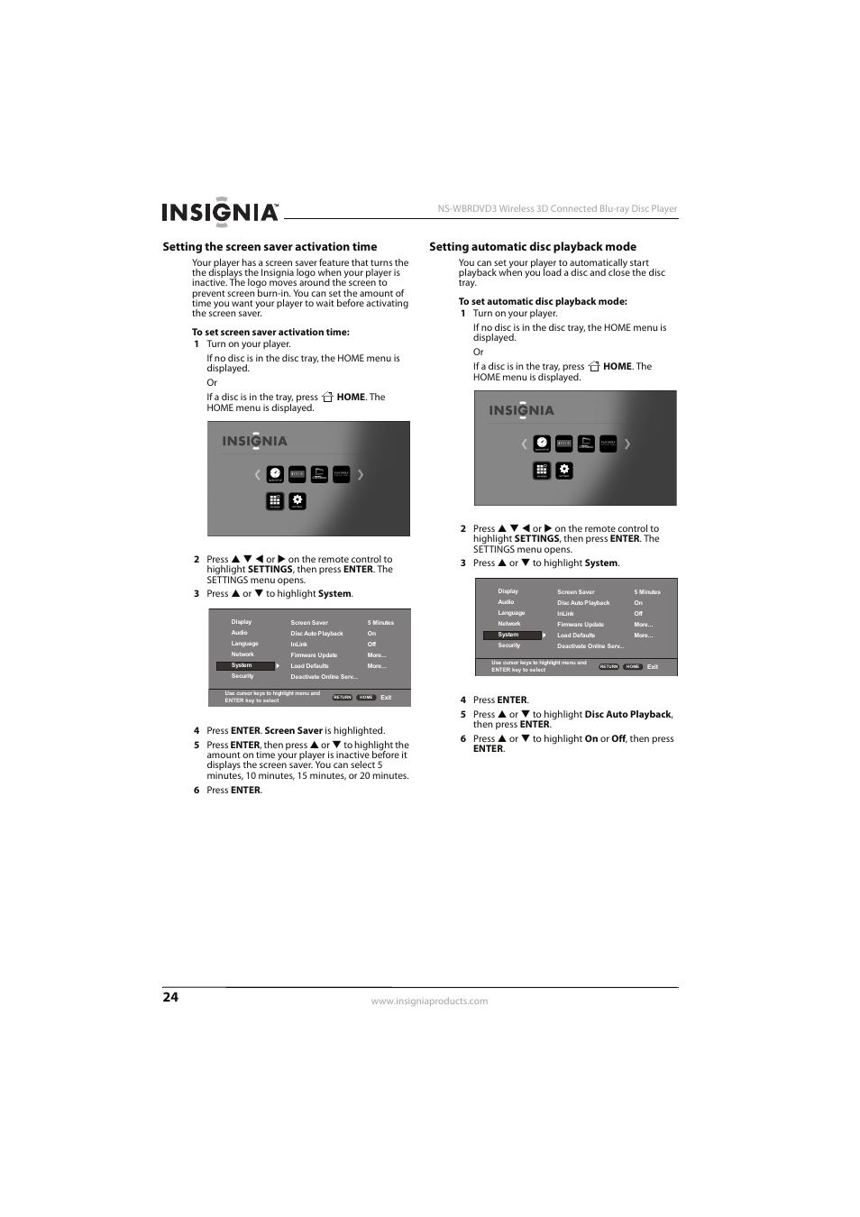 Setting the screen saver activation time, Setting automatic disc playback mode | Insignia NS-WBRDVD3 User Manual | Page 28 / 40