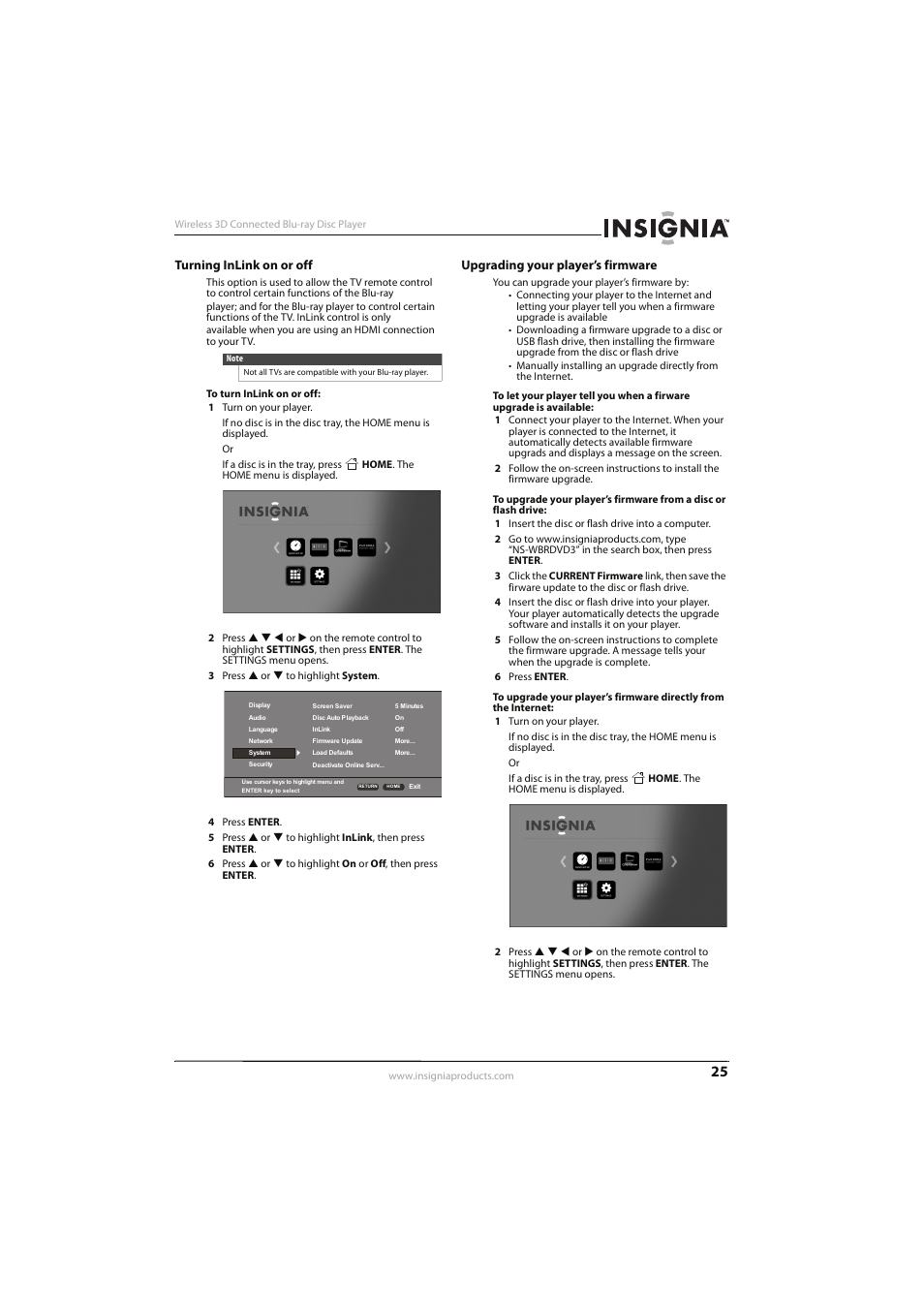 Turning inlink on or off, Upgrading your player’s firmware | Insignia NS-WBRDVD3 User Manual | Page 29 / 40
