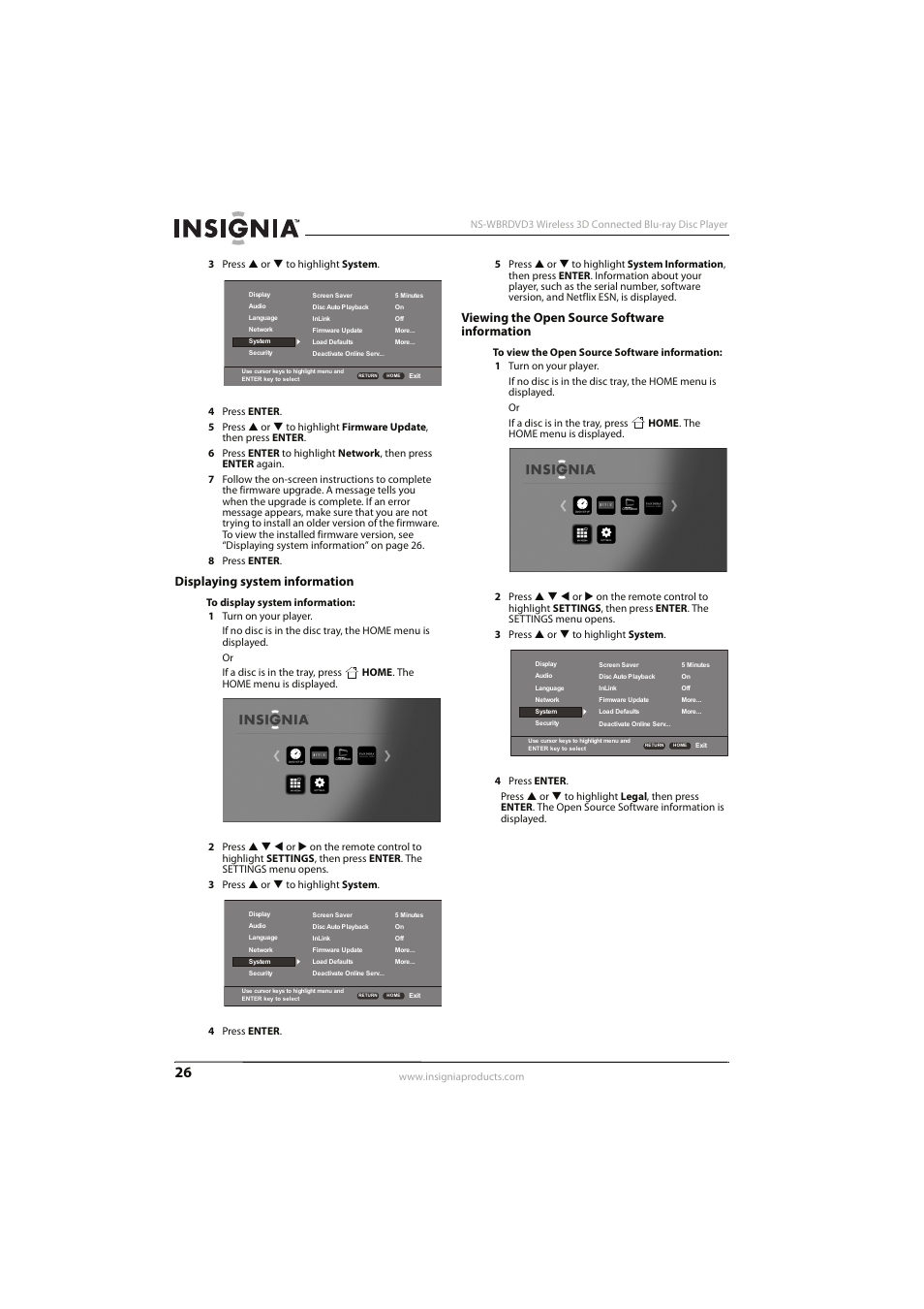 Displaying system information, Viewing the open source software information | Insignia NS-WBRDVD3 User Manual | Page 30 / 40