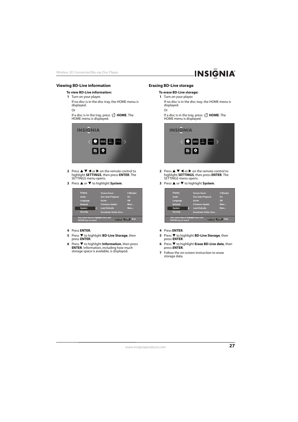 Viewing bd-live information, Erasing bd-live storage | Insignia NS-WBRDVD3 User Manual | Page 31 / 40