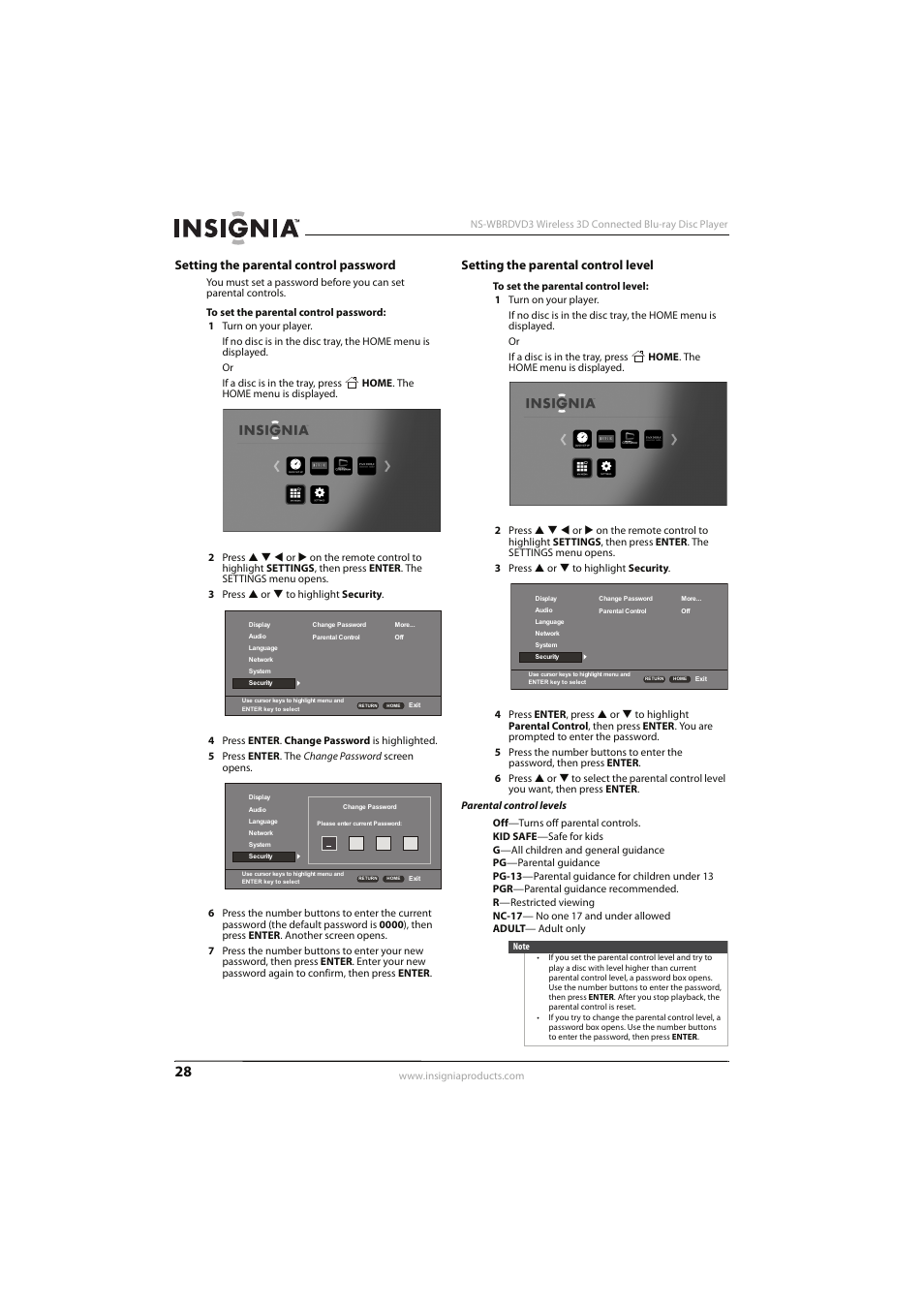 Setting the parental control password, Setting the parental control level | Insignia NS-WBRDVD3 User Manual | Page 32 / 40