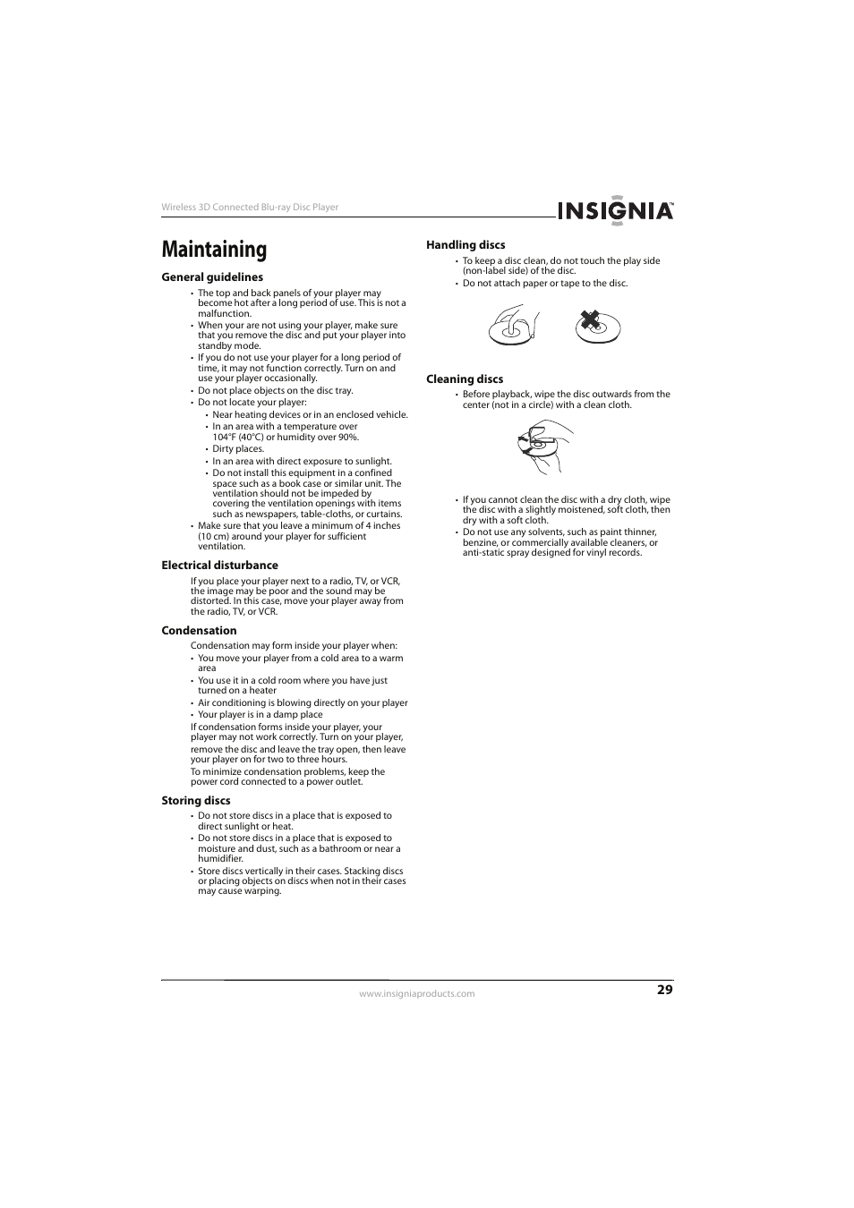 Maintaining, General guidelines, Electrical disturbance | Condensation, Storing discs, Handling discs, Cleaning discs | Insignia NS-WBRDVD3 User Manual | Page 33 / 40