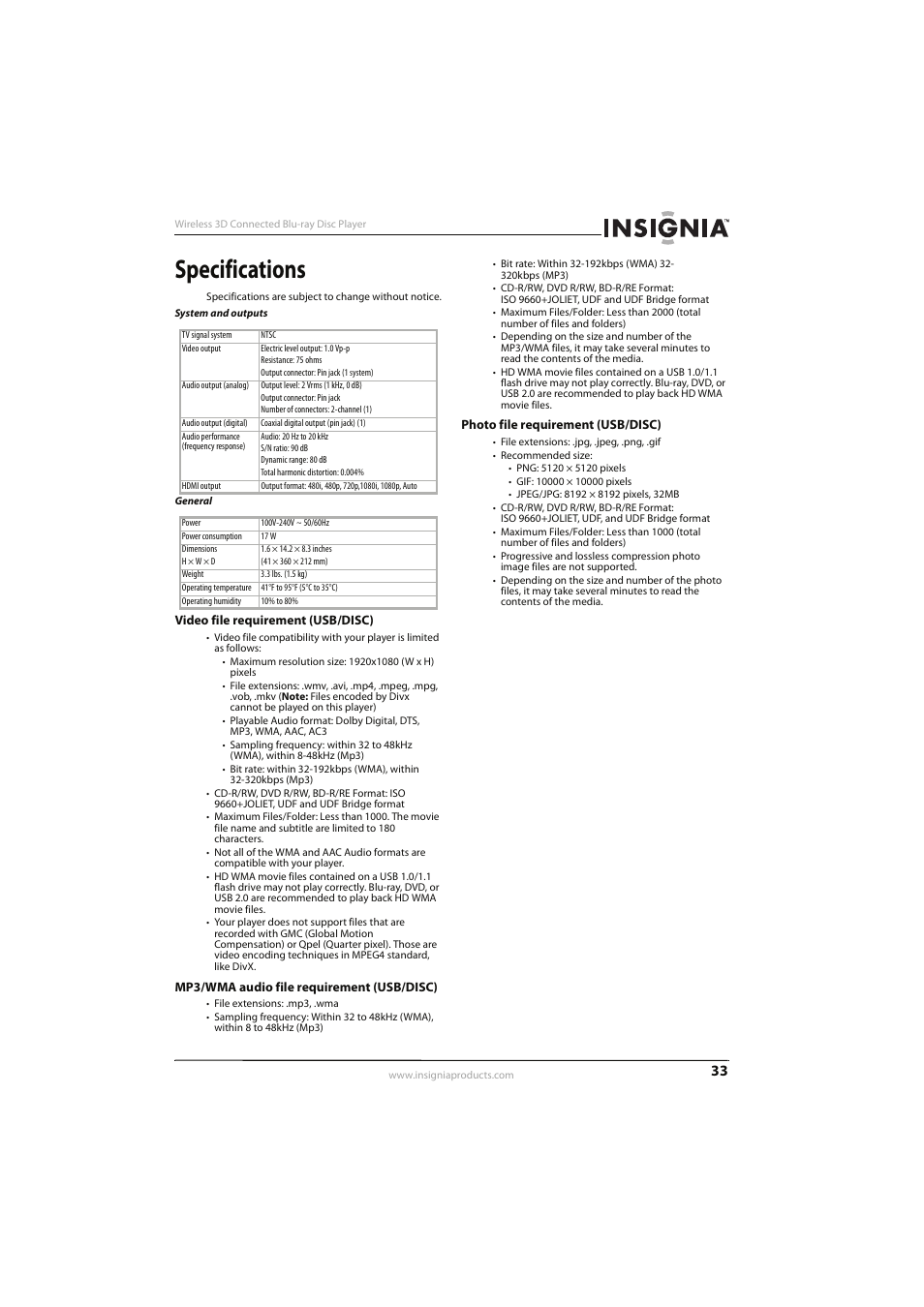 Specifications, Video file requirement (usb/disc), Mp3/wma audio file requirement (usb/disc) | Photo file requirement (usb/disc) | Insignia NS-WBRDVD3 User Manual | Page 37 / 40
