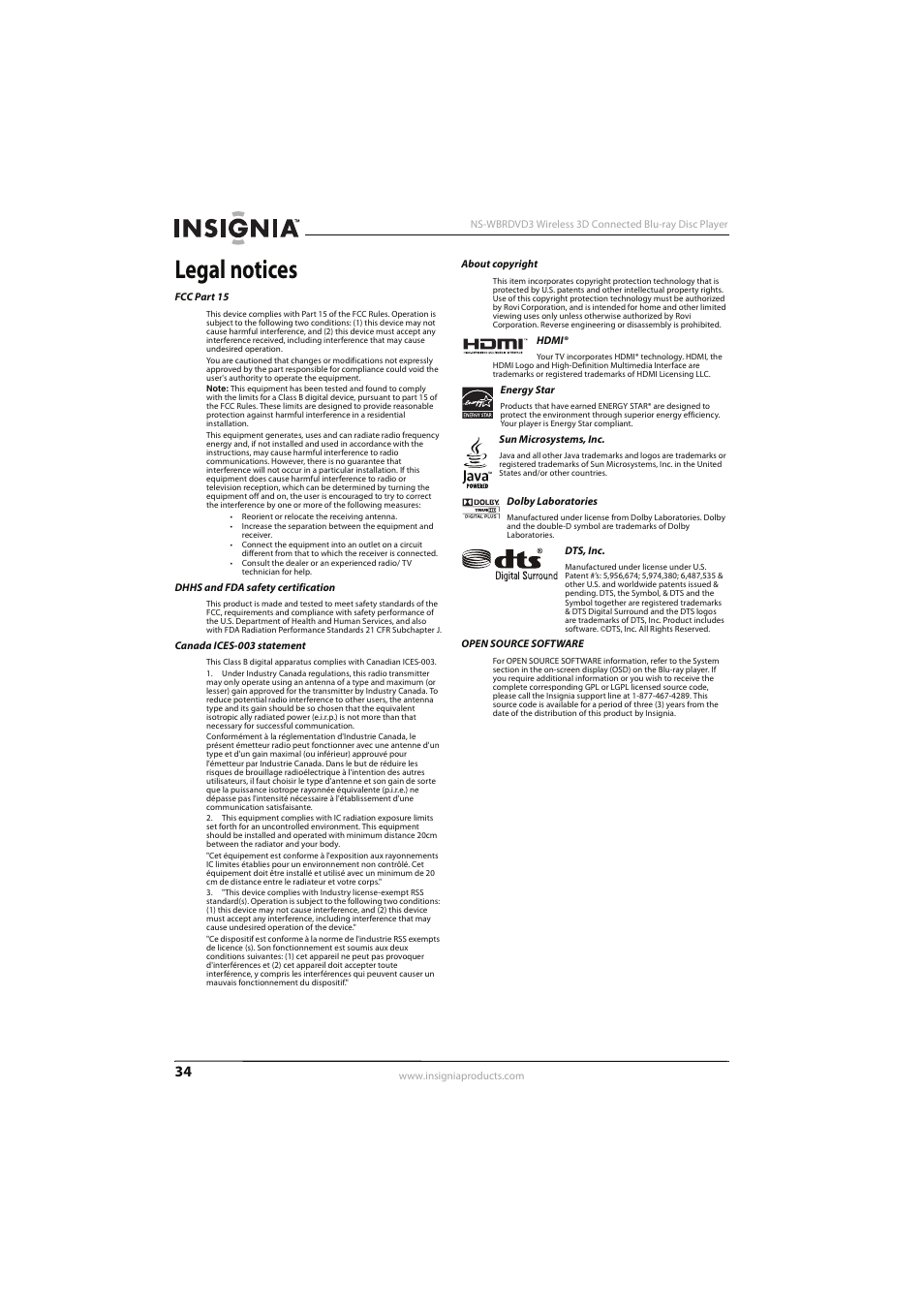 Legal notices | Insignia NS-WBRDVD3 User Manual | Page 38 / 40