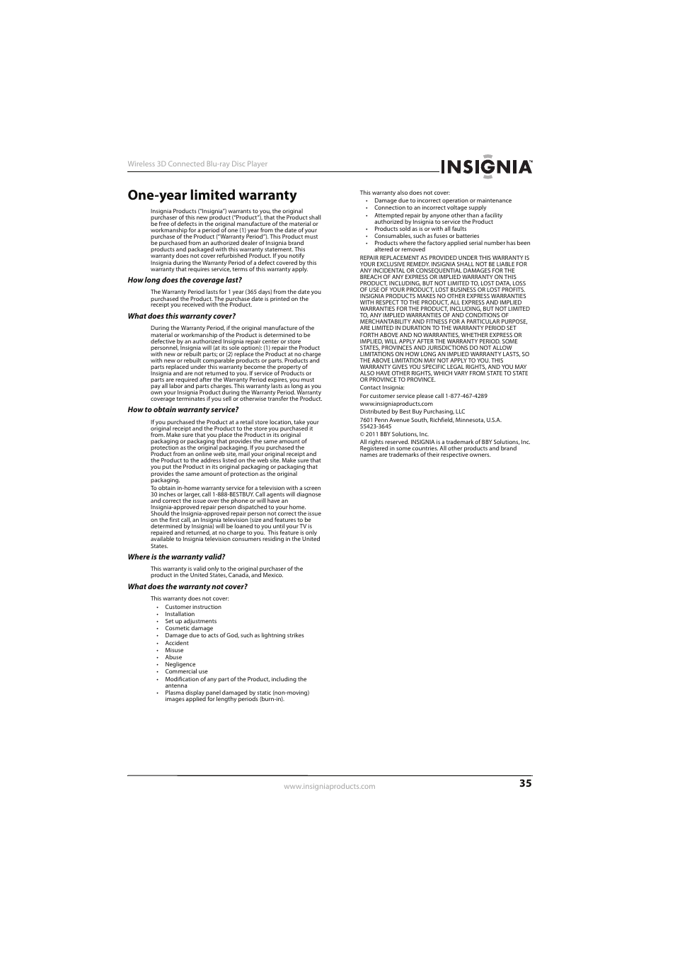 One-year limited warranty | Insignia NS-WBRDVD3 User Manual | Page 39 / 40