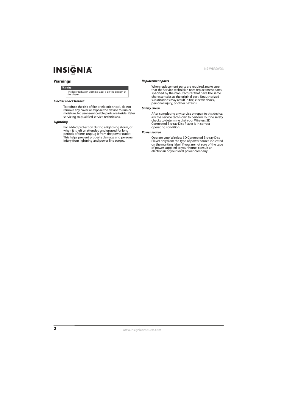 Warnings | Insignia NS-WBRDVD3 User Manual | Page 6 / 40