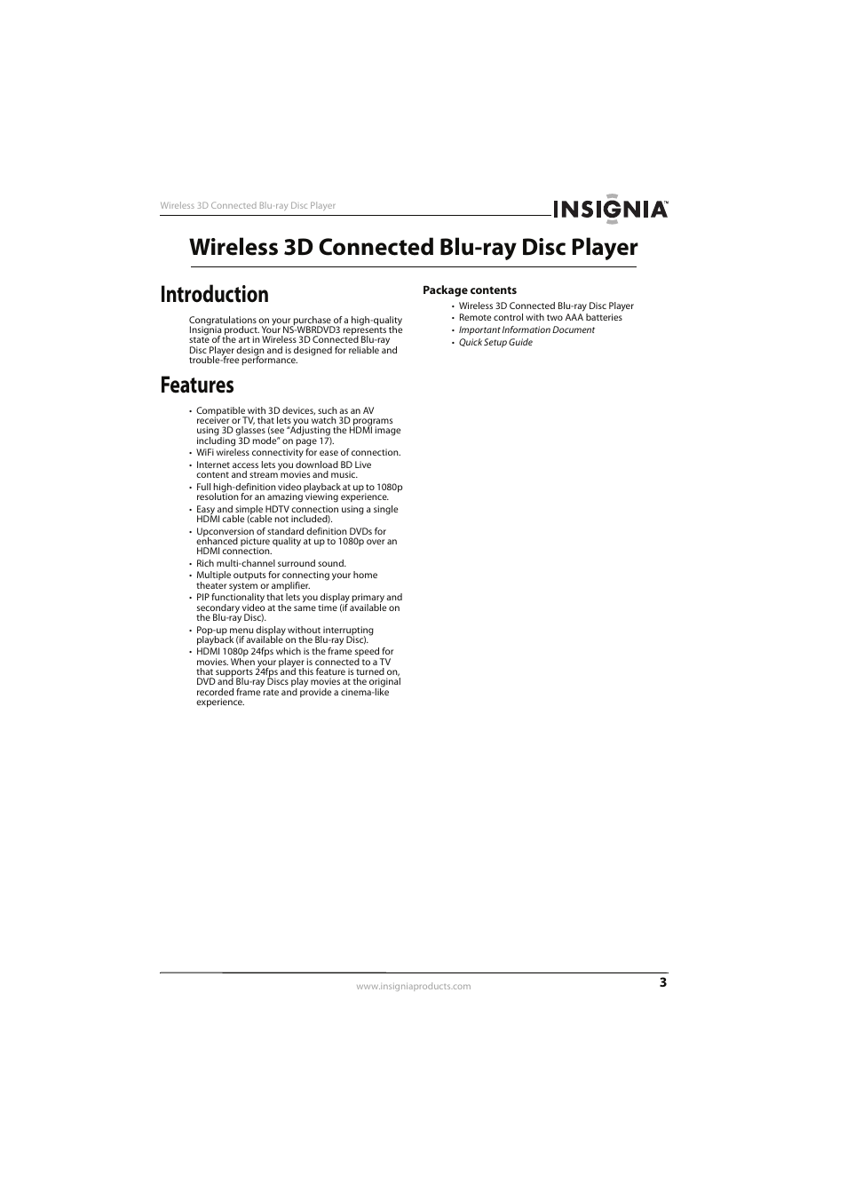 Introduction, Features, Package contents | Insignia NS-WBRDVD3 User Manual | Page 7 / 40