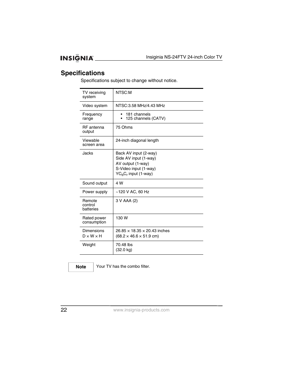 Specifications | Insignia NS-24FTV User Manual | Page 23 / 90