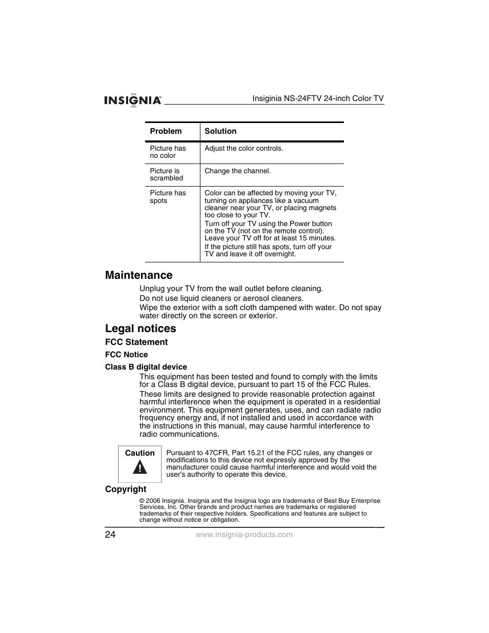 Maintenance, Legal notices | Insignia NS-24FTV User Manual | Page 25 / 90