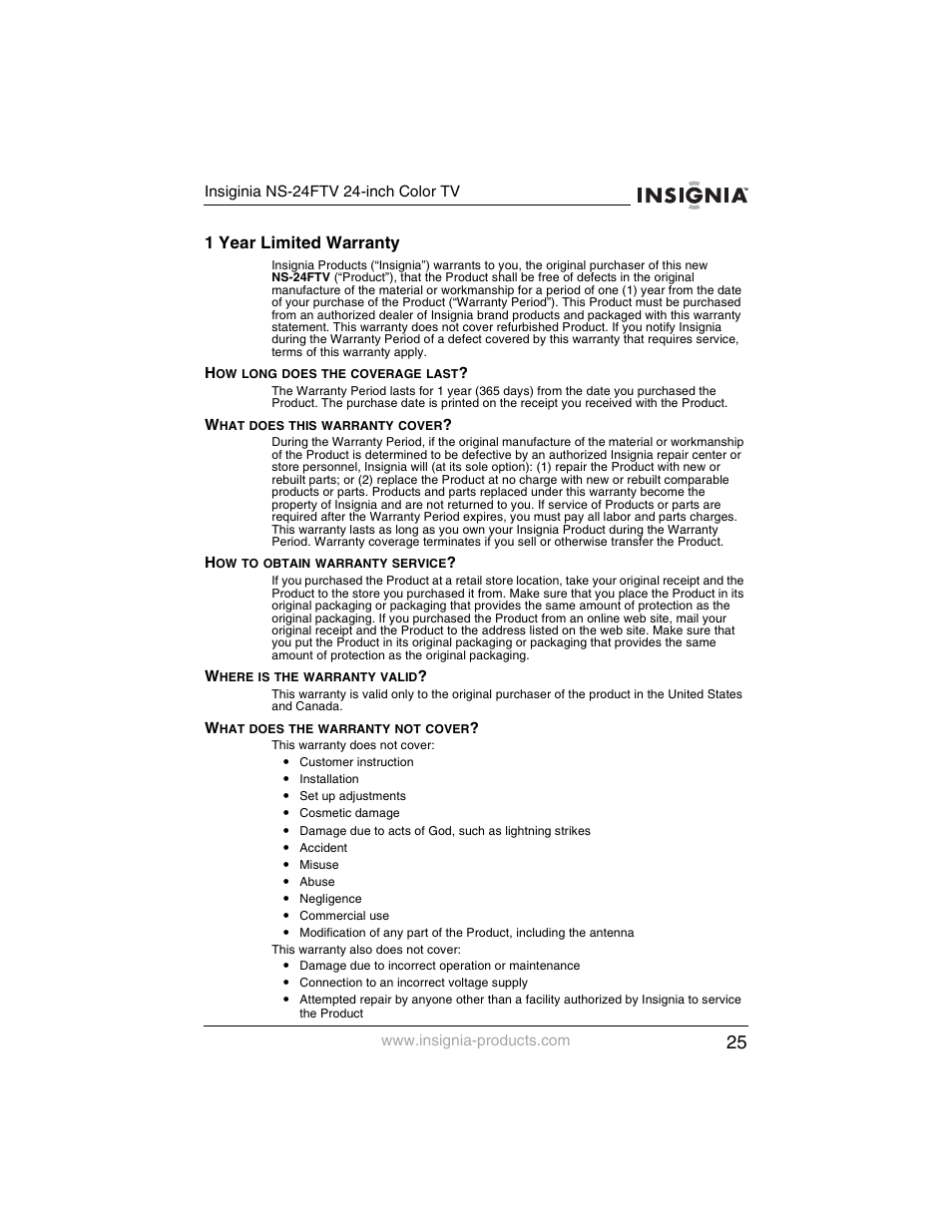 1 year limited warranty | Insignia NS-24FTV User Manual | Page 26 / 90