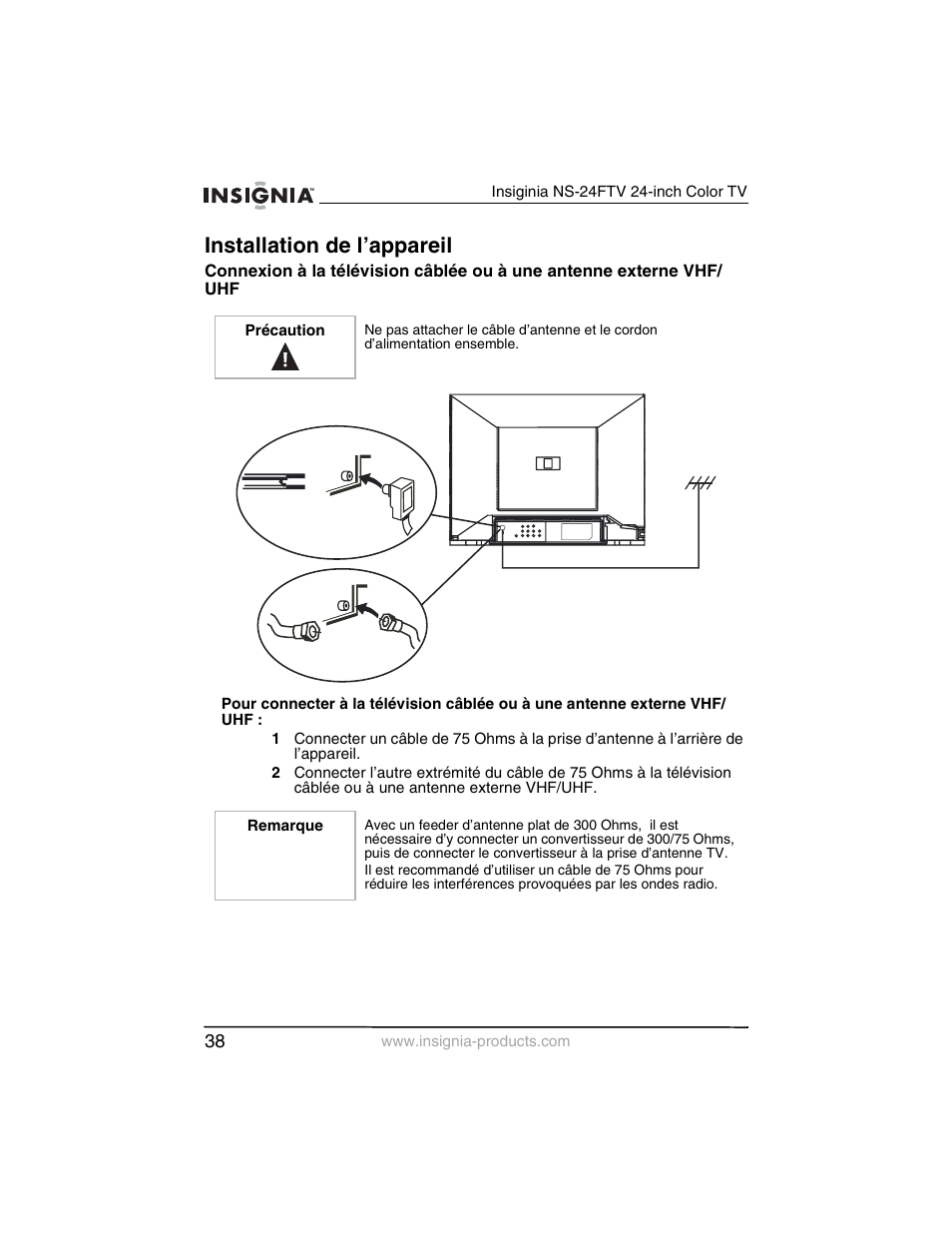 Installation de l’appareil | Insignia NS-24FTV User Manual | Page 39 / 90