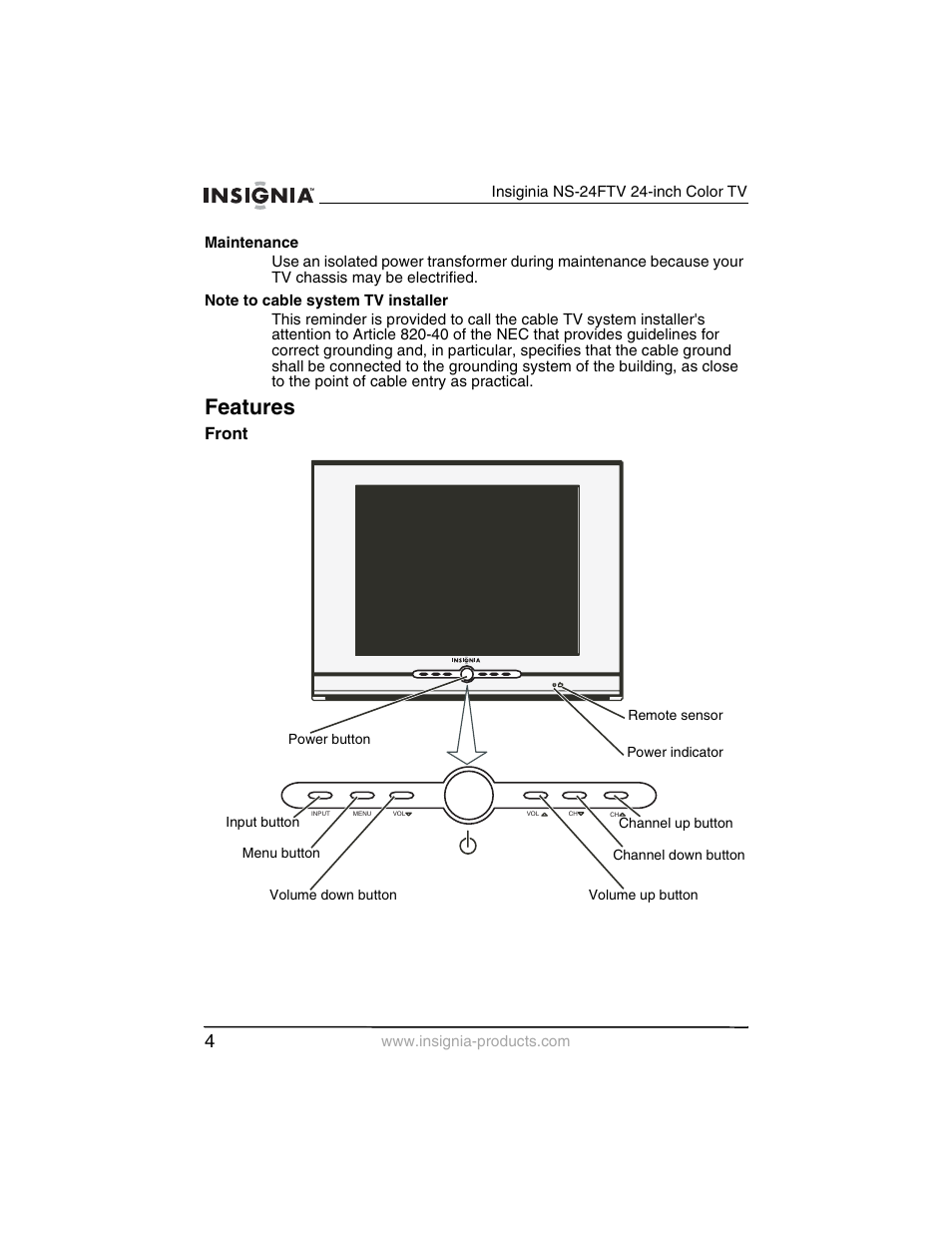 Features, Front | Insignia NS-24FTV User Manual | Page 5 / 90