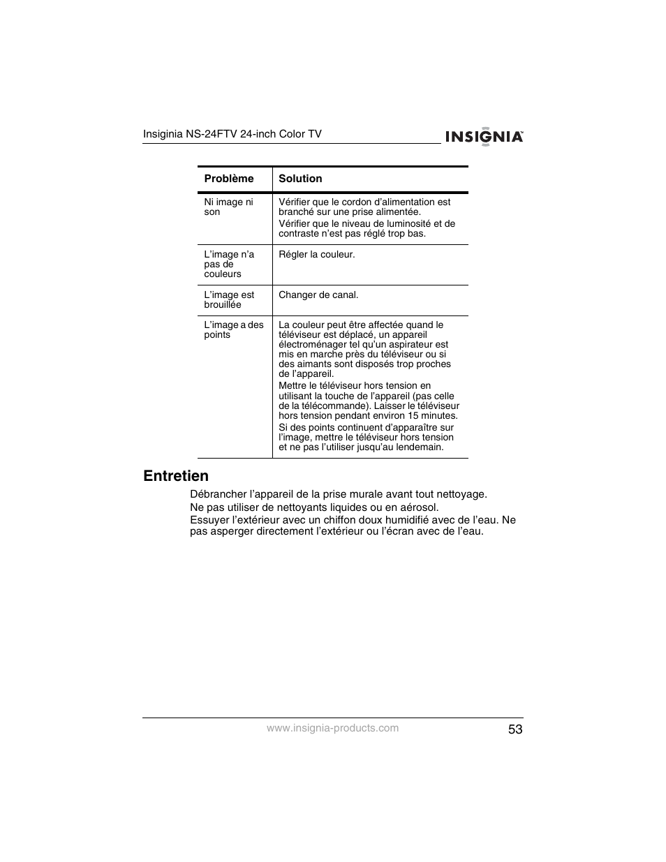 Entretien | Insignia NS-24FTV User Manual | Page 54 / 90