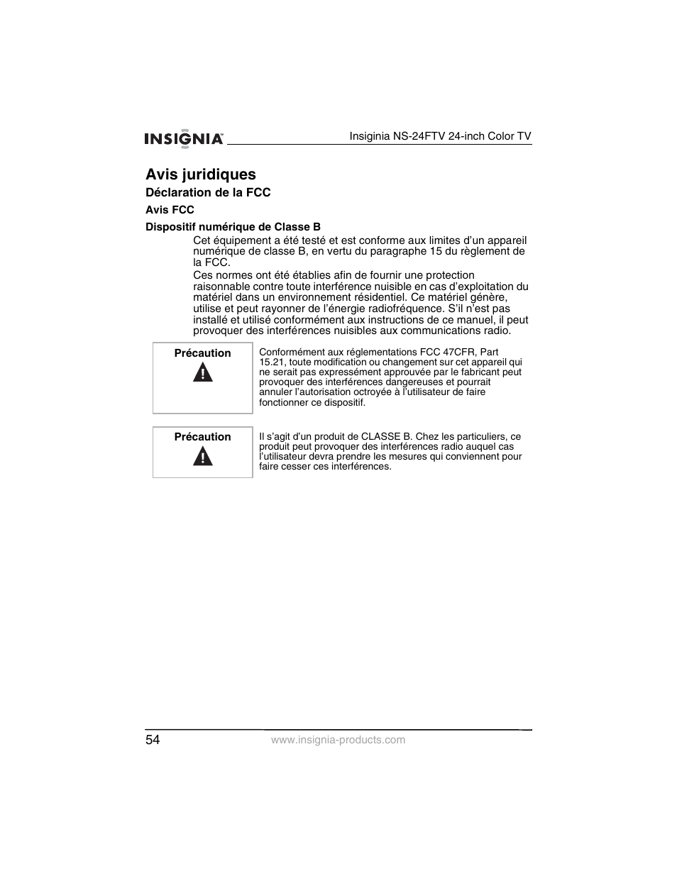 Avis juridiques | Insignia NS-24FTV User Manual | Page 55 / 90