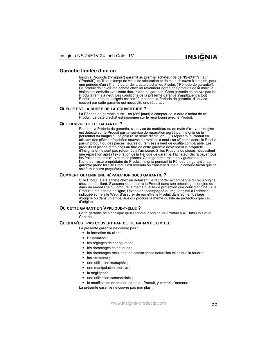 Garantie limitée d’un an | Insignia NS-24FTV User Manual | Page 56 / 90