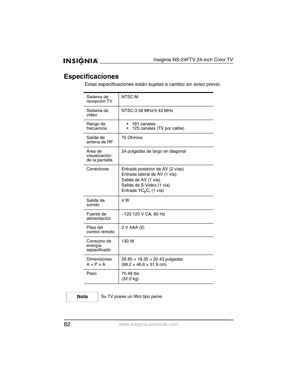 Especificaciones | Insignia NS-24FTV User Manual | Page 83 / 90
