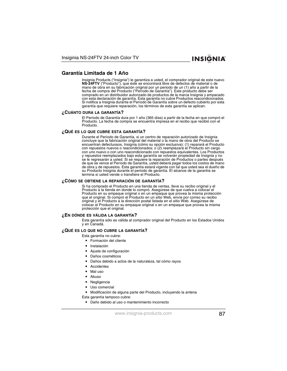 Garantía limitada de 1 año | Insignia NS-24FTV User Manual | Page 88 / 90