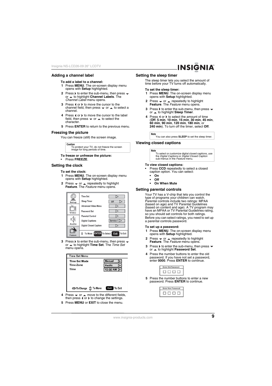 Adding a channel label, Freezing the picture, Setting the clock | Setting the sleep timer, Viewing closed captions, Setting parental controls, See “setting the sleep timer, Viewing closed captions” on | Insignia NS-LCD26-09 User Manual | Page 11 / 40