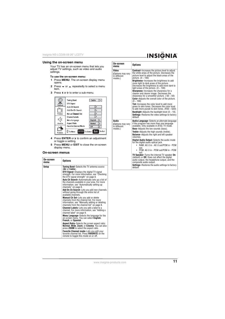 Using the on-screen menu, On-screen menus, Using the on-screen menu on-screen menus | Insignia NS-LCD26-09 User Manual | Page 13 / 40