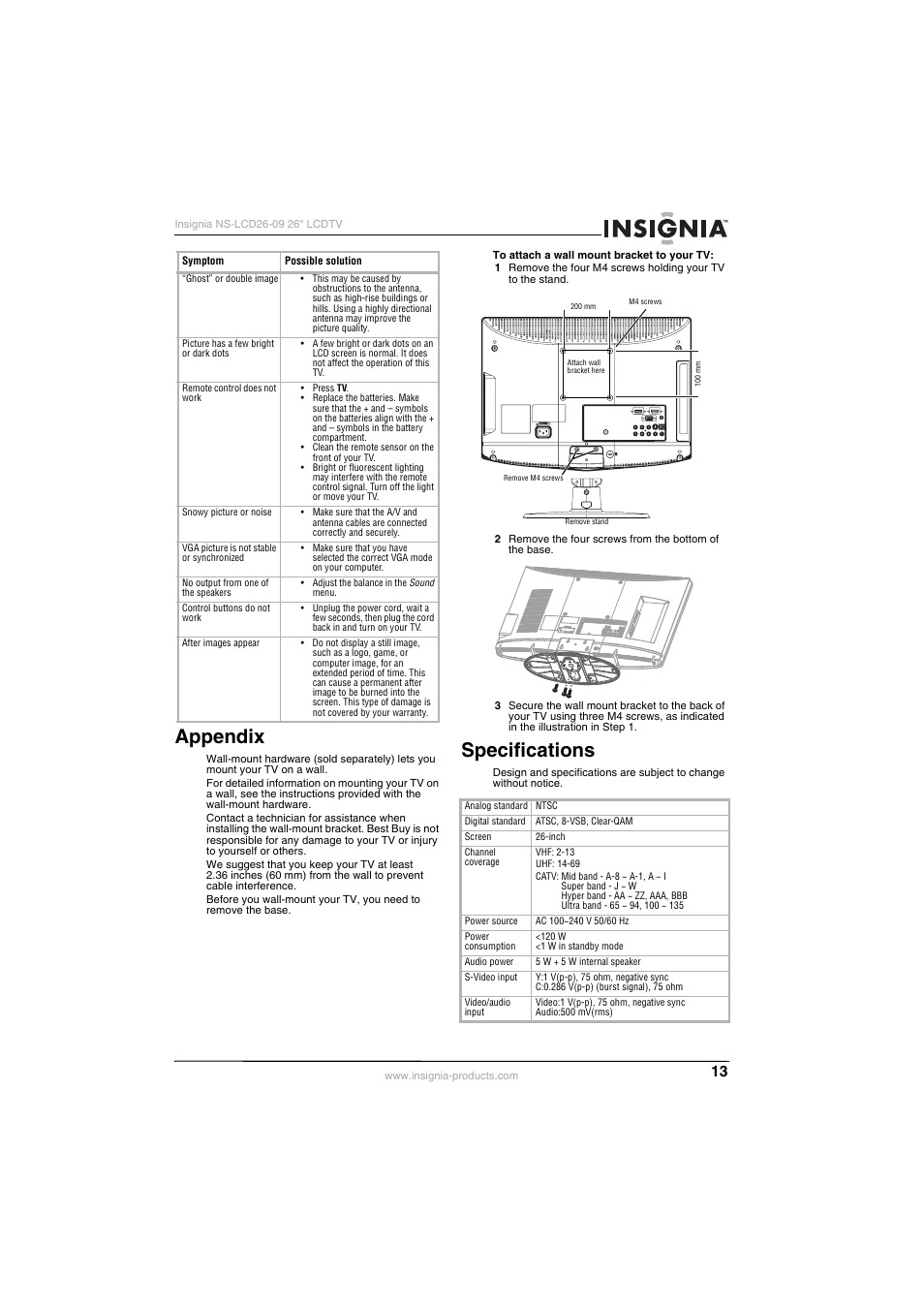 Appendix, Specifications, Appendix specifications | Insignia NS-LCD26-09 User Manual | Page 15 / 40