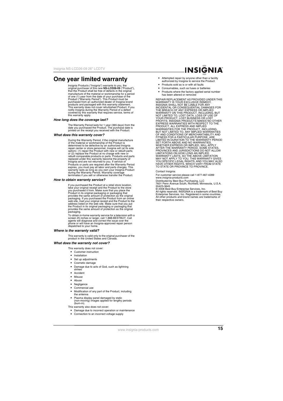 One year limited warranty | Insignia NS-LCD26-09 User Manual | Page 17 / 40