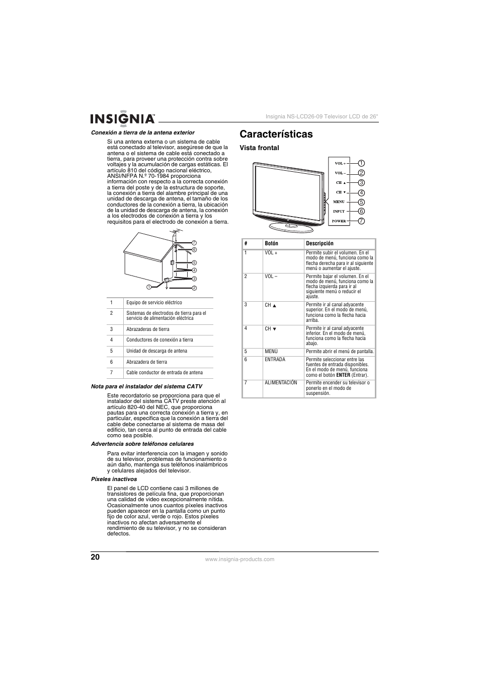 Características, Vista frontal | Insignia NS-LCD26-09 User Manual | Page 22 / 40