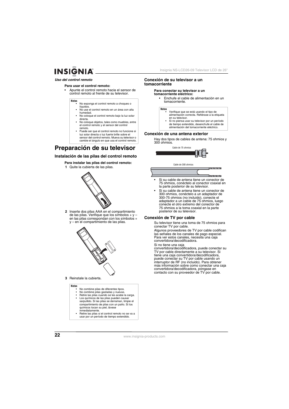 Preparación de su televisor, Instalación de las pilas del control remoto, Conexión de su televisor a un tomacorriente | Conexión de una antena exterior, Conexión de tv por cable | Insignia NS-LCD26-09 User Manual | Page 24 / 40