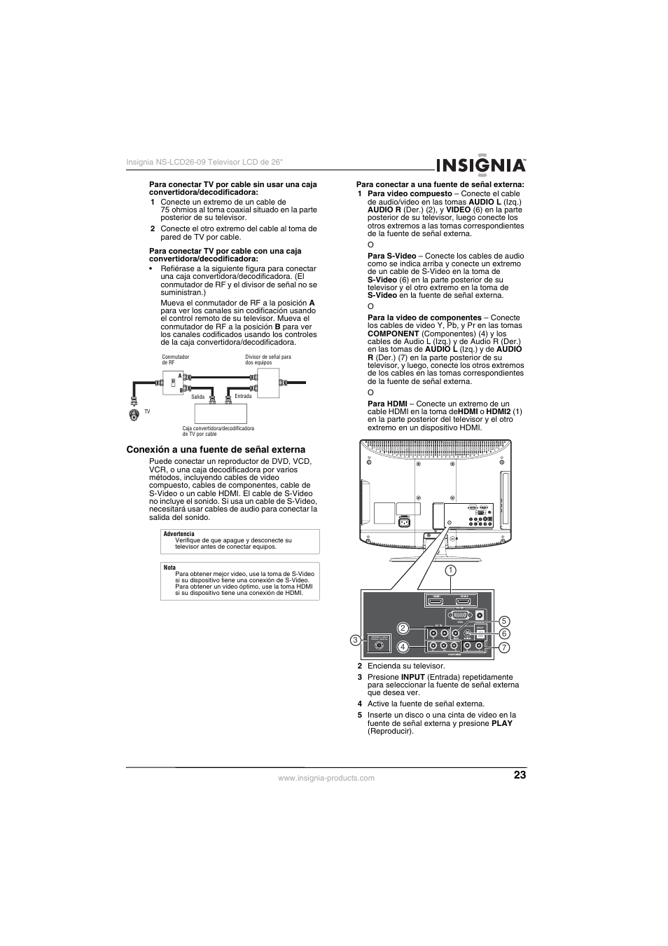 Conexión a una fuente de señal externa | Insignia NS-LCD26-09 User Manual | Page 25 / 40