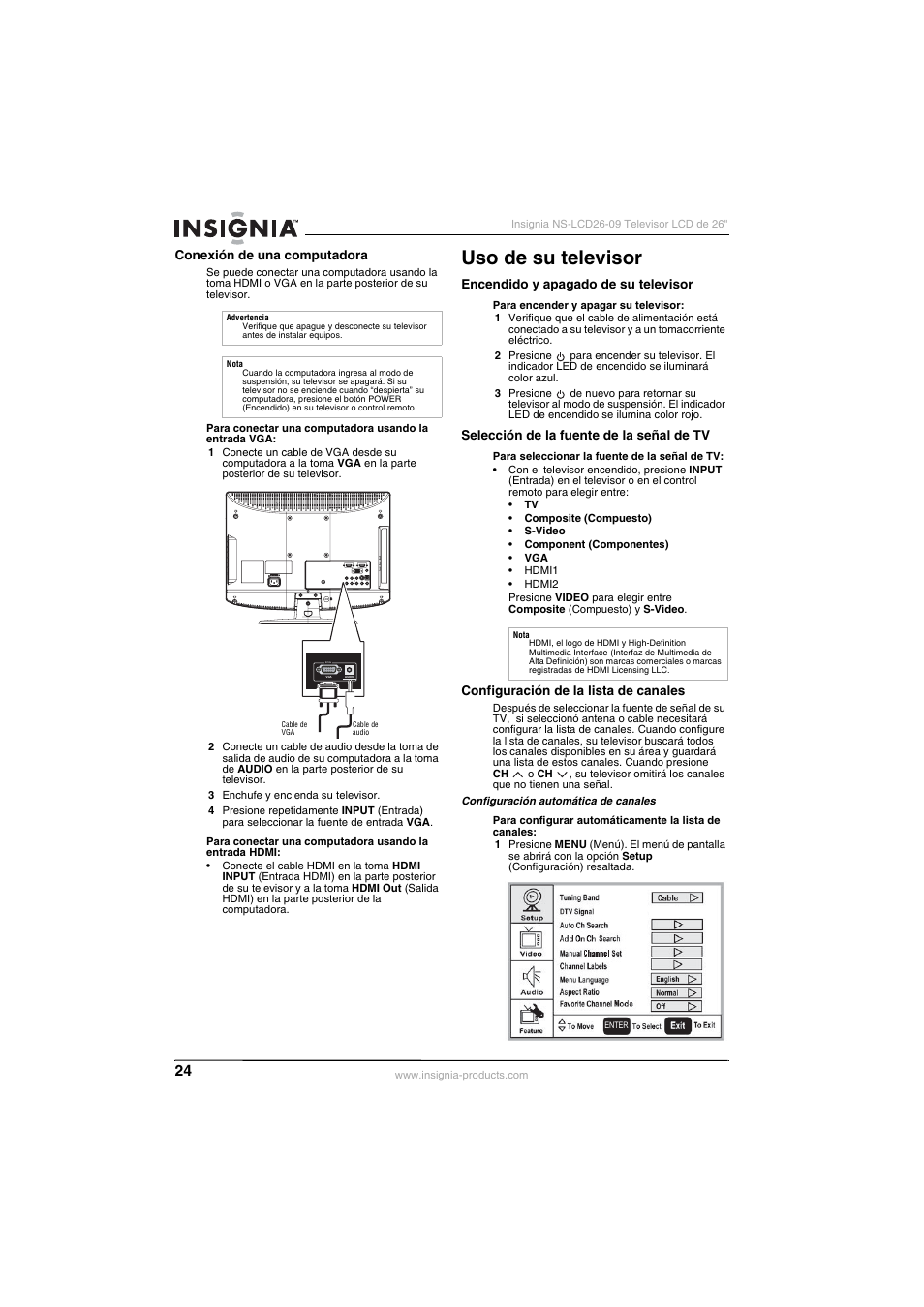 Conexión de una computadora, Uso de su televisor, Encendido y apagado de su televisor | Selección de la fuente de la señal de tv, Configuración de la lista de canales, Se a “configuración de la lista de canales” en l | Insignia NS-LCD26-09 User Manual | Page 26 / 40