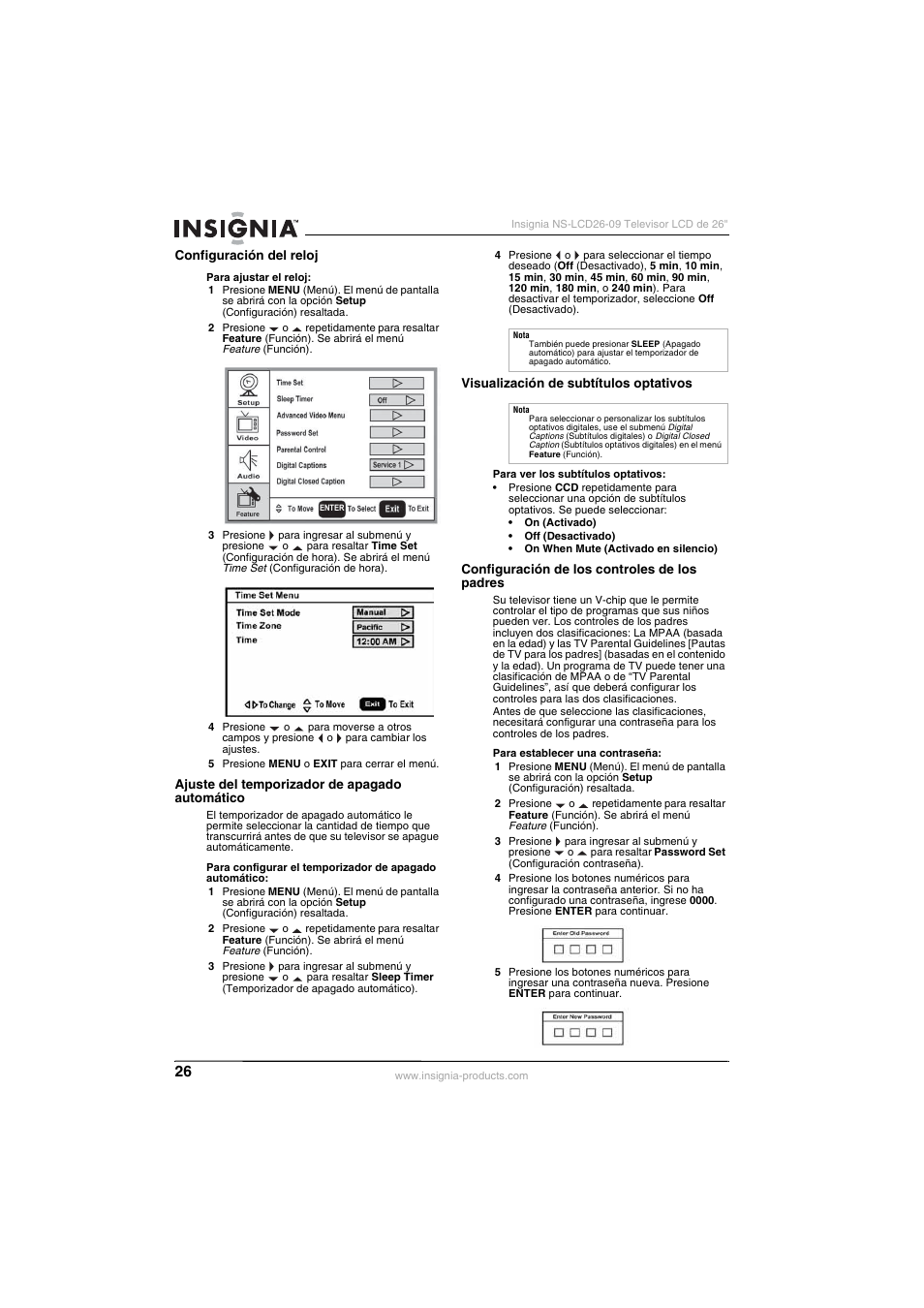 Configuración del reloj, Ajuste del temporizador de apagado automático, Visualización de subtítulos optativos | Configuración de los controles de los padres, Se a “configuración de los controles de los padres, Na 26, A “ajuste del temporizador de apagado automático, Visualización de subtítulos optativos” en | Insignia NS-LCD26-09 User Manual | Page 28 / 40