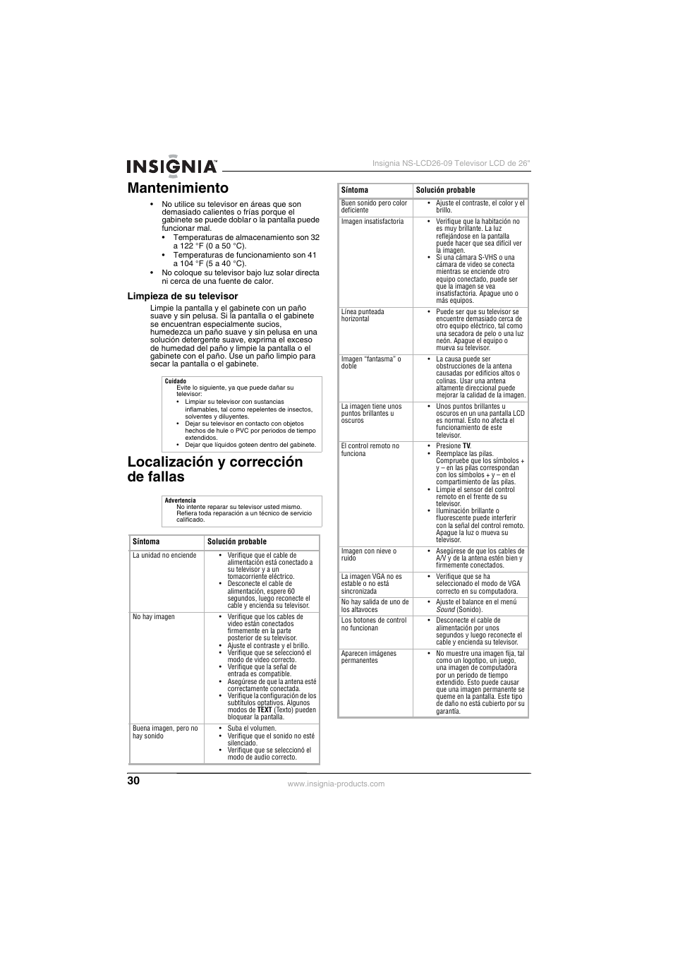 Mantenimiento, Limpieza de su televisor, Localización y corrección de fallas | Insignia NS-LCD26-09 User Manual | Page 32 / 40