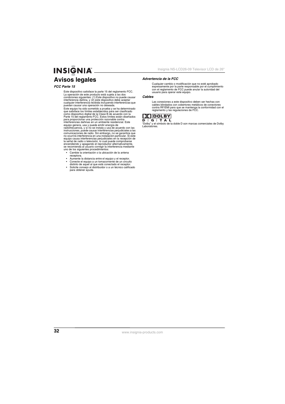 Avisos legales | Insignia NS-LCD26-09 User Manual | Page 34 / 40