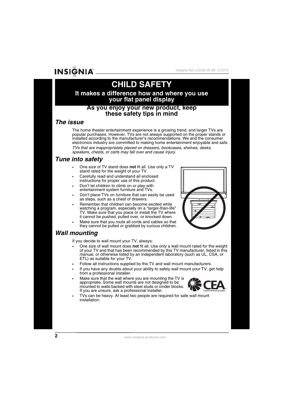 Child safety, Tune into safety, Wall mounting | Insignia NS-LCD26-09 User Manual | Page 4 / 40