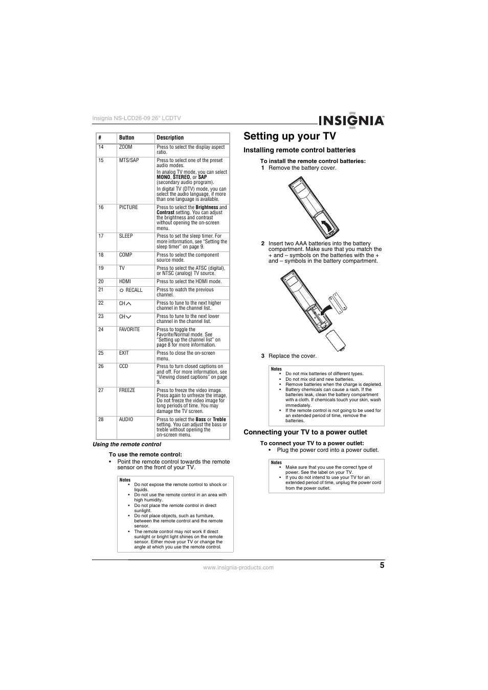 Setting up your tv, Installing remote control batteries, Connecting your tv to a power outlet | Insignia NS-LCD26-09 User Manual | Page 7 / 40