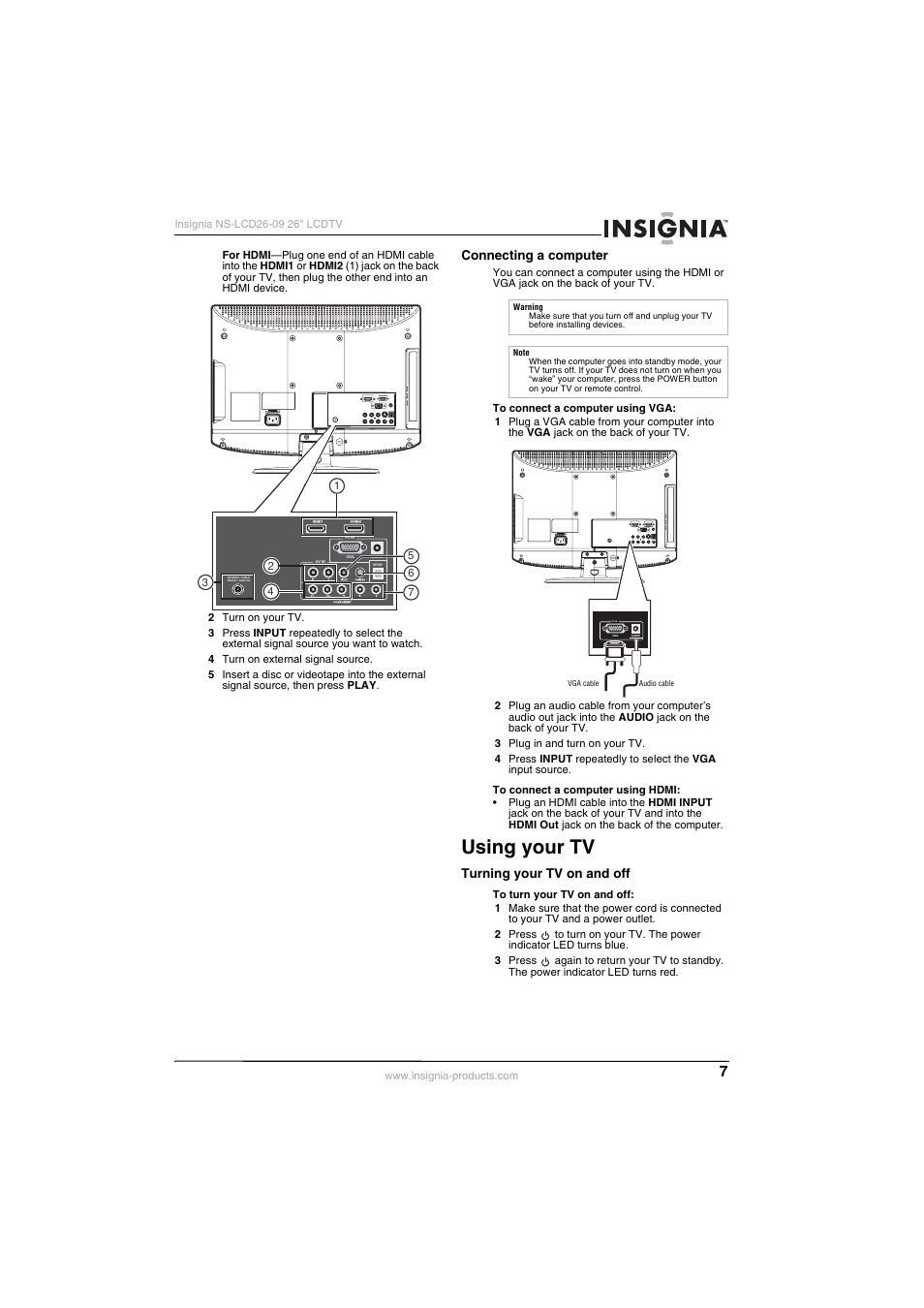 Connecting a computer, Using your tv, Turning your tv on and off | Insignia NS-LCD26-09 User Manual | Page 9 / 40