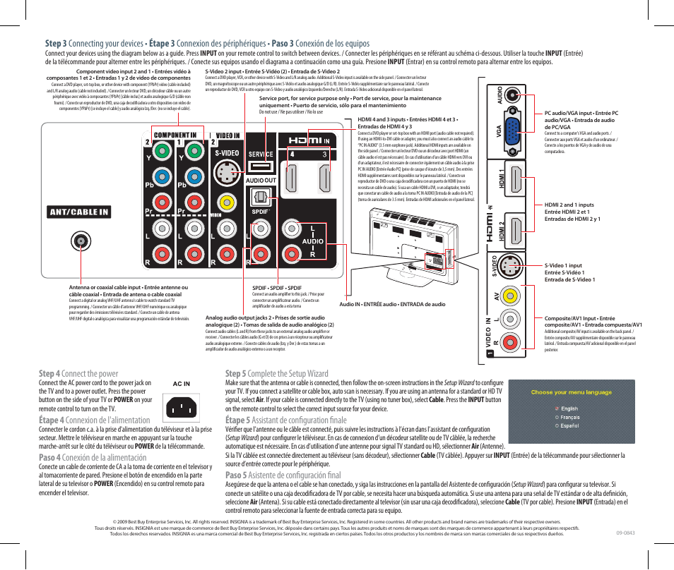 Step 5 complete the setup wizard, Étape 5 assistant de configuration finale, Paso 5 asistente de configuración final | Step 4 connect the power, Étape 4 connexion de l'alimentation, Paso 4 conexión de la alimentación | Insignia NS-L46Q120-10A User Manual | Page 2 / 2