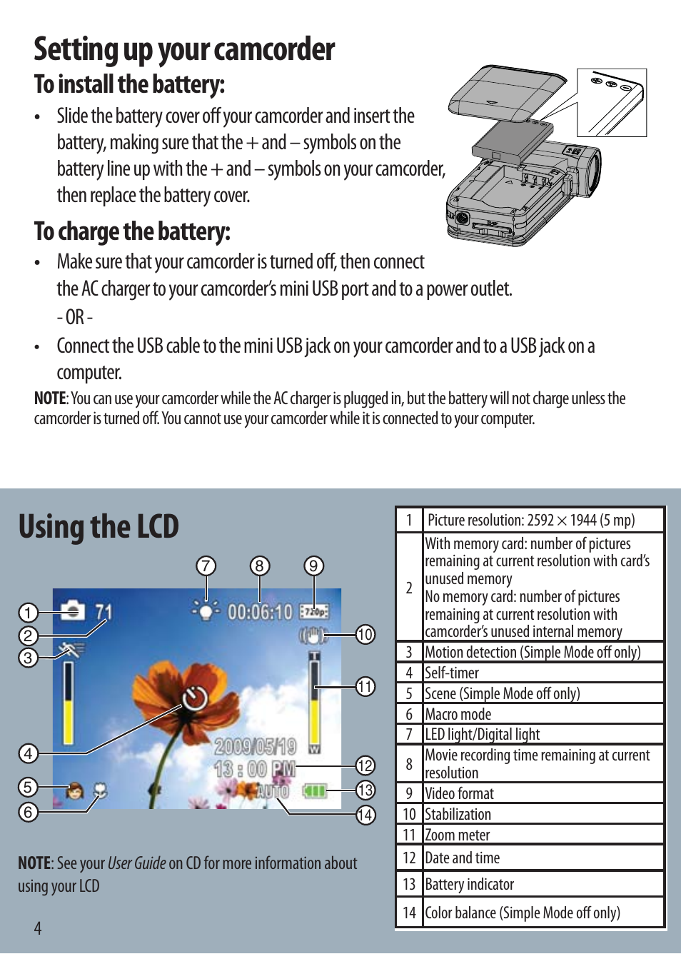Setting up your camcorder, Using the lcd | Insignia NS-DV720PBL User Manual | Page 4 / 8