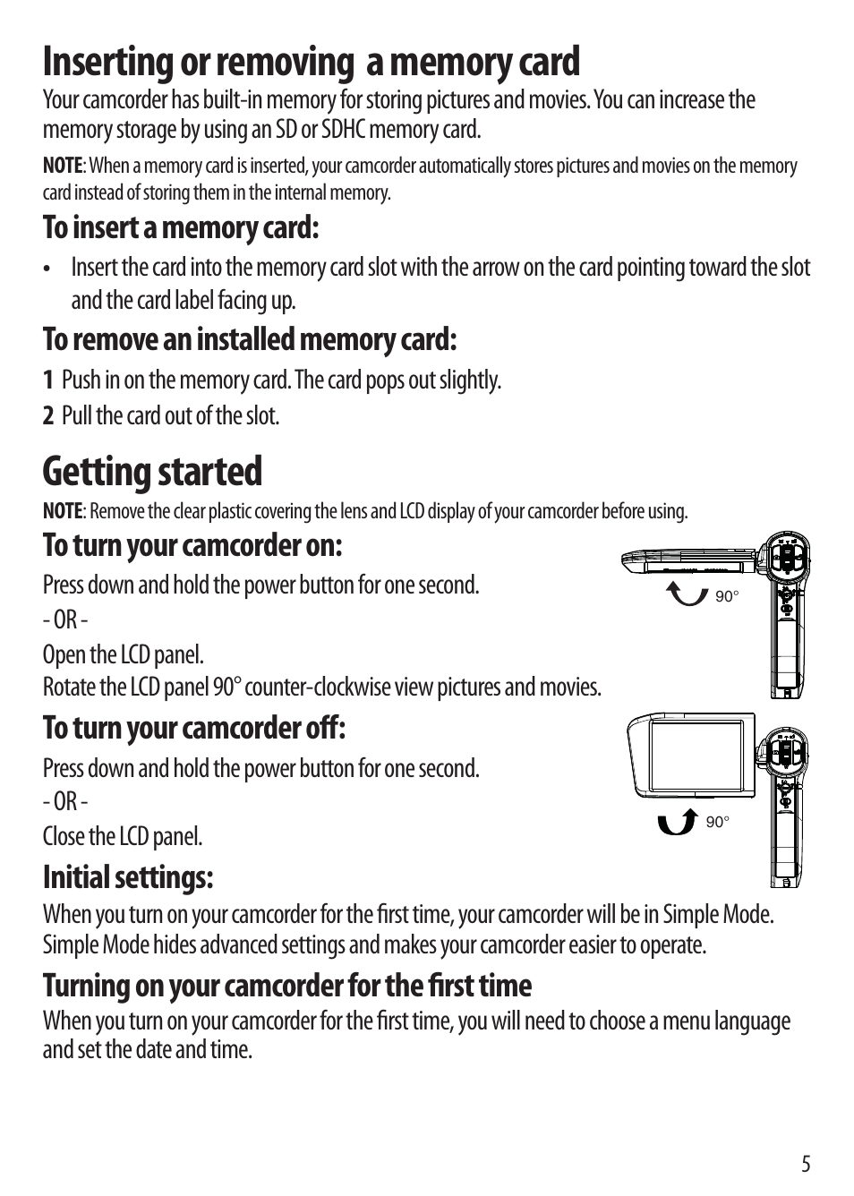 Getting started, Initial settings, Turning on your camcorder for the fi rst time | Insignia NS-DV720PBL User Manual | Page 5 / 8