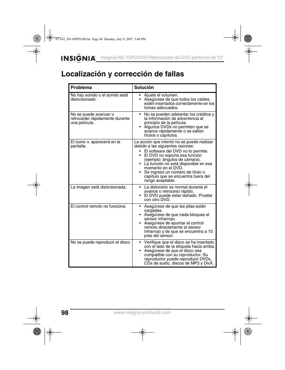 Localización y corrección de fallas | Insignia NS-10PDVDD User Manual | Page 100 / 108