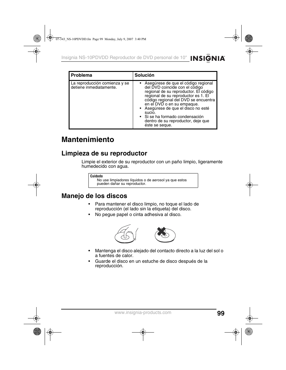 Mantenimiento, Limpieza de su reproductor, Manejo de los discos | Insignia NS-10PDVDD User Manual | Page 101 / 108